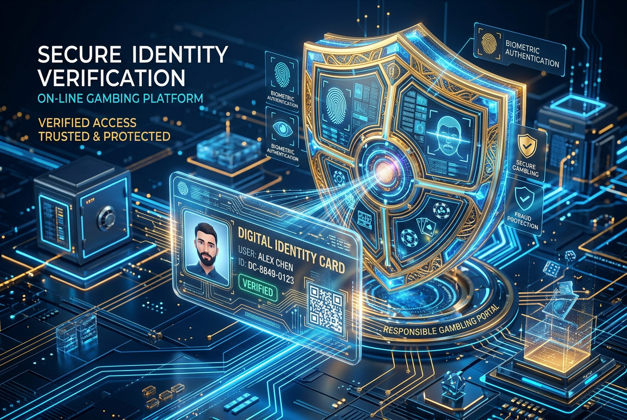 Digitální štít a biometrické ikony symbolizující bezpečné online ověření identity.