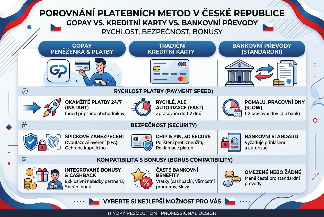 Informativní grafika porovnávající rychlost a poplatky GoPay s ostatními metodami